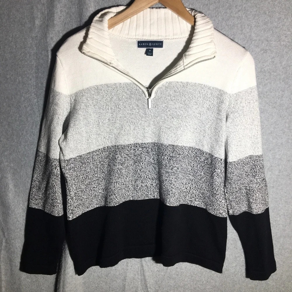 Womens Karen Scott Quarter Zip Colorblock Neutral Winter Fall Work Office Career